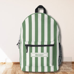 Nature Green and White Stripes and Name Printed Backpack