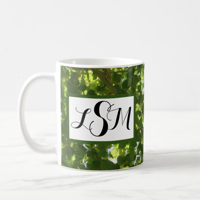Nature Green Leaves Photo Tall Tree Monogram Coffee Mug (Left)