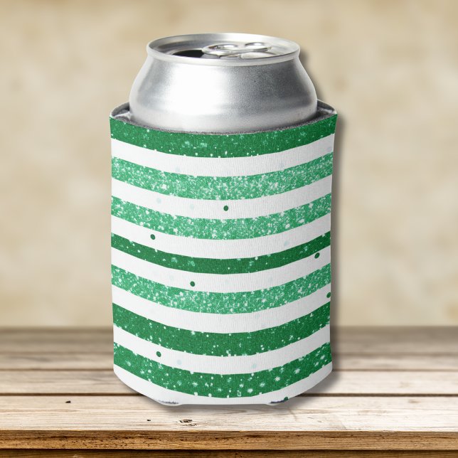 Nature Green White Horizontal Glitter Stripes Can Cooler (Creator Uploaded)
