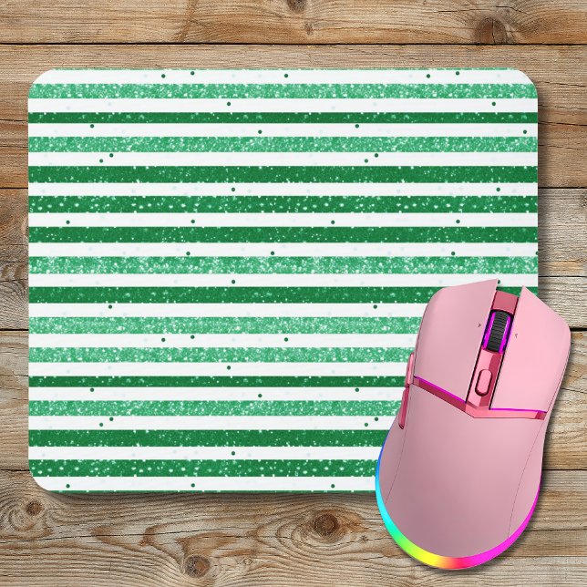 Nature Green White Horizontal Glitter Stripes Mouse Mat (Creator Uploaded)