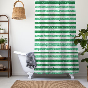 Nature Green White Horizontal Glitter Stripes Shower Curtain