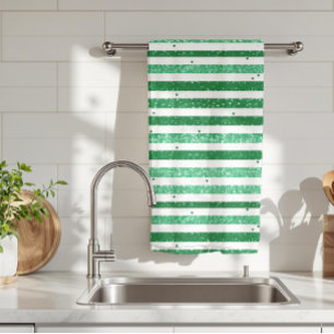 Nature Green White Horizontal Glitter Stripes Tea Towel