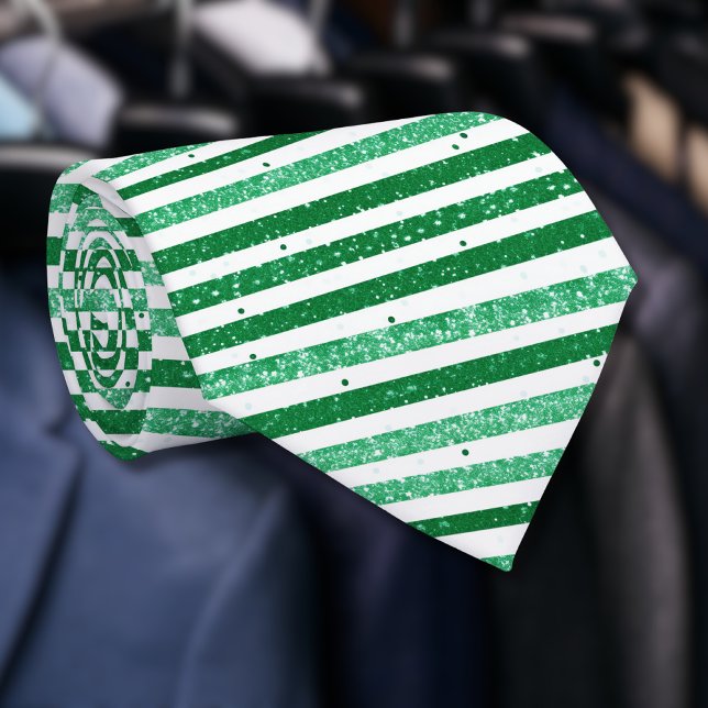 Nature Green White Horizontal Glitter Stripes Tie (Creator Uploaded)