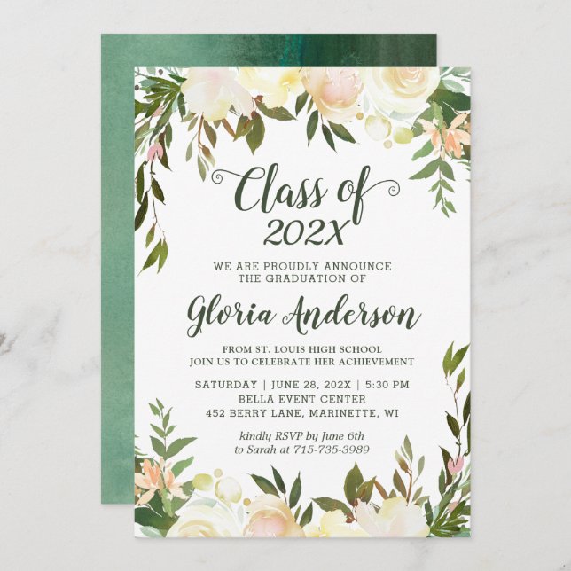 Nature Greenery Floral Class of 2022 Graduation Invitation (Front/Back)