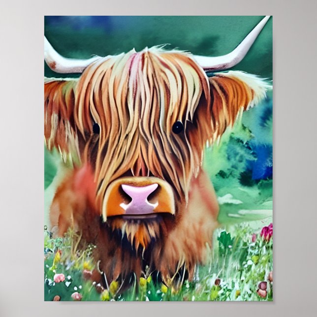 Nature Highland Cow watercolor  Poster (Front)