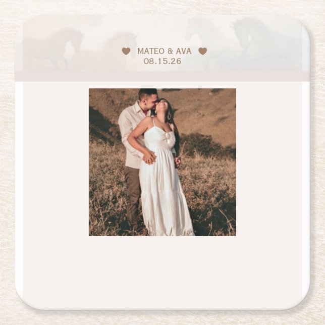 Nature Horses Wedding Add Photo Custom Square Paper Coaster (Front)
