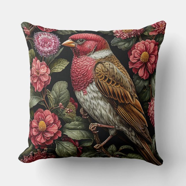 Nature Inspired Bird and Flowers Botanical Decor Cushion (Front)