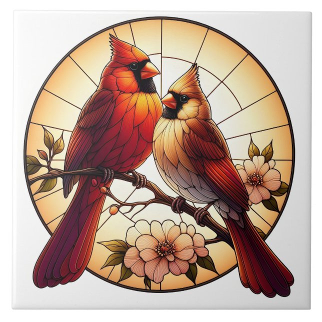Nature-Inspired Cardinal Pair Stained Glass Art Tile (Front)