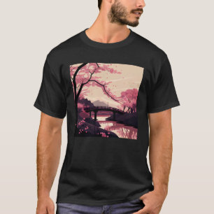 Nature Inspired Cherry Blossom River and Bridge T-Shirt
