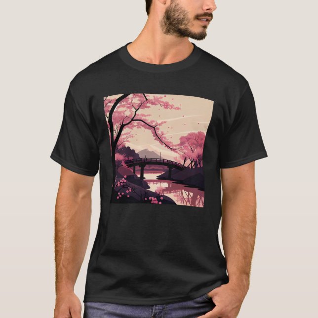 Nature Inspired Cherry Blossom River and Bridge T-Shirt (Front)