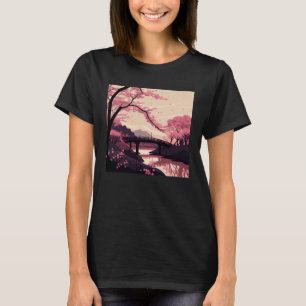 Nature Inspired Cherry Blossom River and Bridge T-Shirt