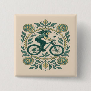 Nature-Inspired Female Cyclist Art – Boho Biking 15 Cm Square Badge