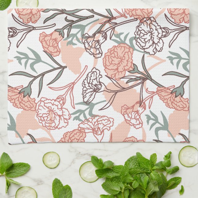 Nature Inspired Floral: Carnation Flower Pattern Tea Towel (Folded)