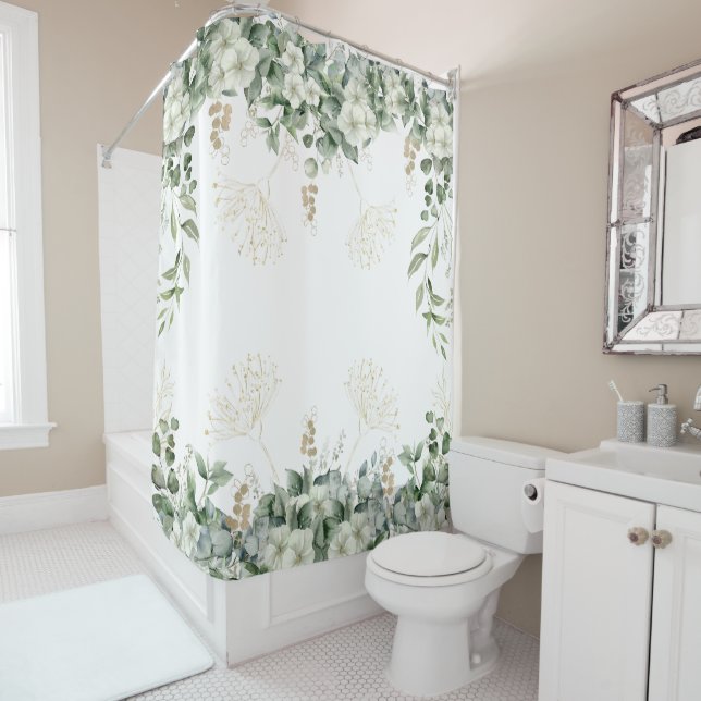 Nature-Inspired Green And Gold Floral  Shower Curtain (In Situ)