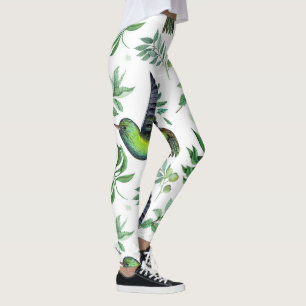 Nature-Inspired Green Floral Flowers Birds Pattern Leggings