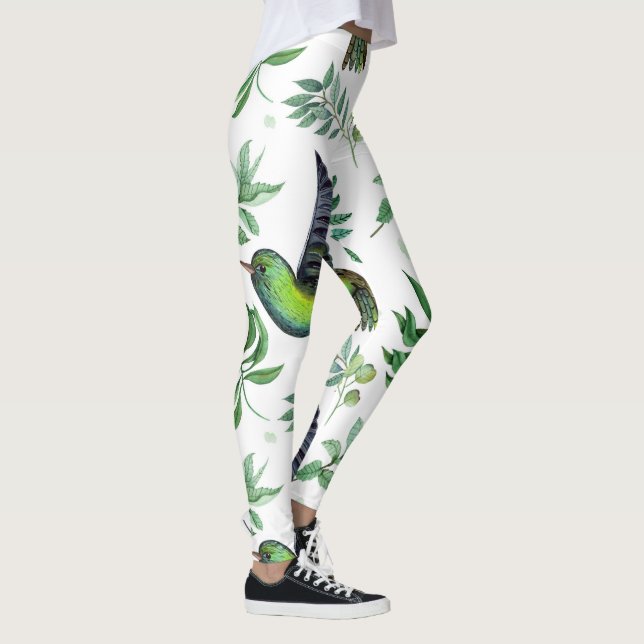Nature-Inspired Green Floral Flowers Birds Pattern Leggings (Right)
