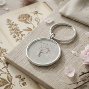 Nature-Inspired Phoebe Peony P Monogram Design Key Ring