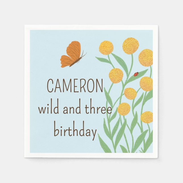 Nature Inspired Wild and Three Kid Birthday Napkin (Front)