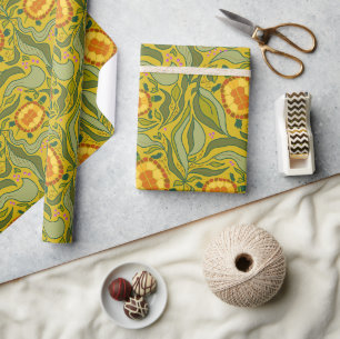 Nature Inspired Yellow Pattern Turtles and Leaves Wrapping Paper