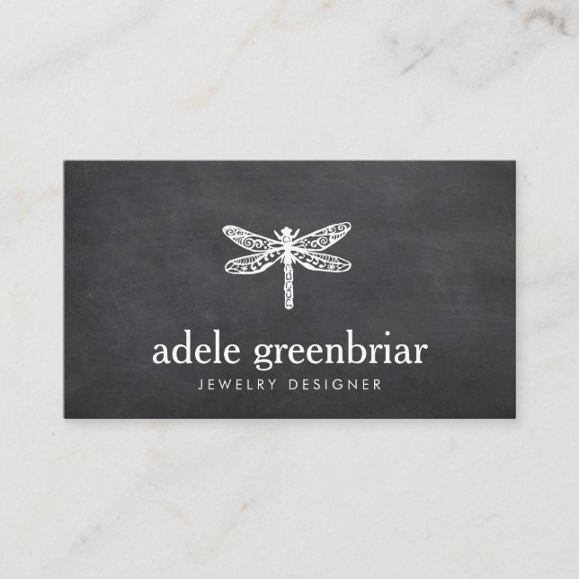Nature Jewellery Designer Dragonfly Logo Chalkboar Business Card (Front)