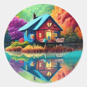 Nature Landscape Illustration with Lake Cottage Classic Round Sticker