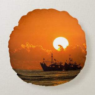 Nature Landscape Sunset with Boat-68465 Round Cushion