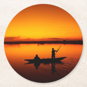 Nature Landscape Sunset with Boat  Round Paper Coaster