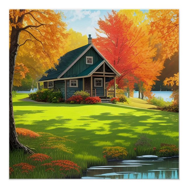 Nature Landscape with Lake and Cottage Poster (Front)