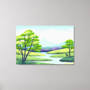 Nature Landscape with Lake and Deer Canvas Print