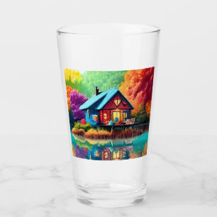 Nature Landscape with Lake, Cottage, Autumn Glass