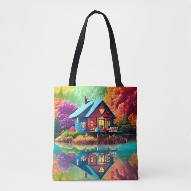 Nature Landscape with Lake, Cottage, Autumn Tote Bag (Front)