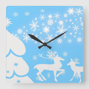 Nature Landscapes Seasons Winter Snowflake Deer Square Wall Clock