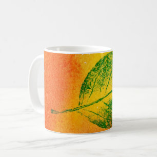 Nature Leaf Print green on orange, yellow apple. Coffee Mug