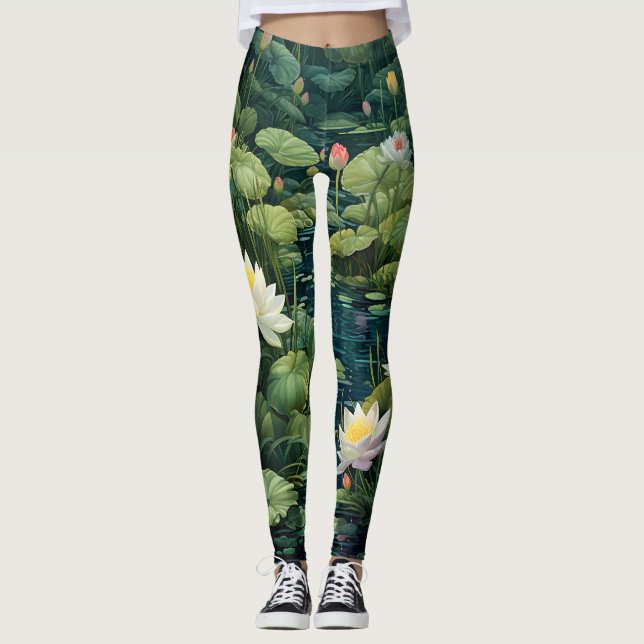Nature Lotus Water Lily Pond Landscape Leggings (Front)
