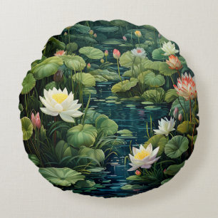 Nature Lotus Water Lily Pond Landscape Round Cushion