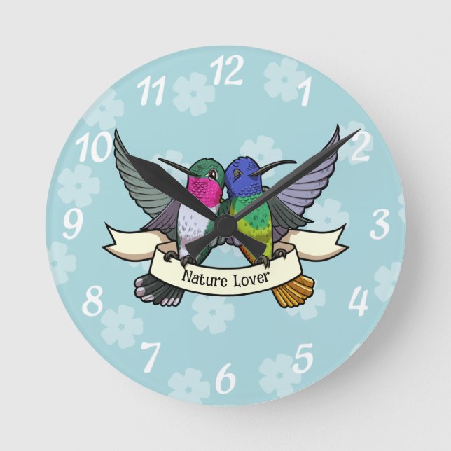 Nature Lover Colourful Hummingbirds Cartoon Round Clock (Front)