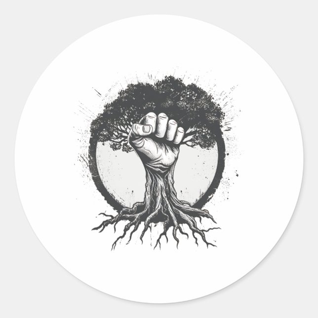 Nature Lover Environmentalist Fist Tree Roots Eart Classic Round Sticker (Front)