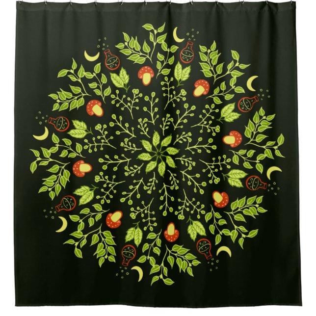 Nature Lover Mandala - Potions, Mushrooms, Leaves Shower Curtain (Front)