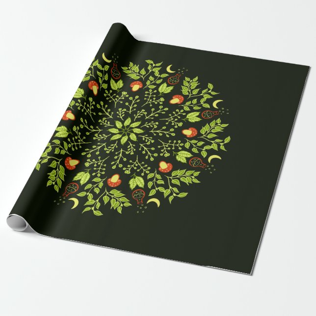 Nature Lover Mandala - Potions, Mushrooms, Leaves Wrapping Paper (Unrolled)