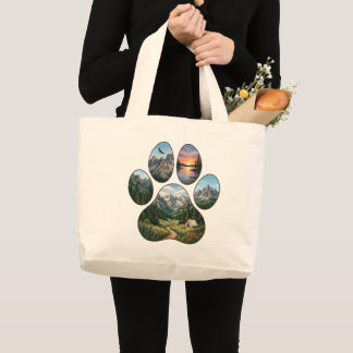 Nature Lover Mountain Landscape Paw Print Graphic Large Tote Bag