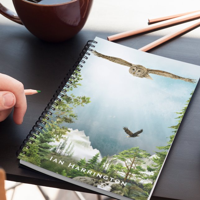 Nature Lover Owl Monogram Name Mountain Landscape  Notebook (Creator Uploaded)