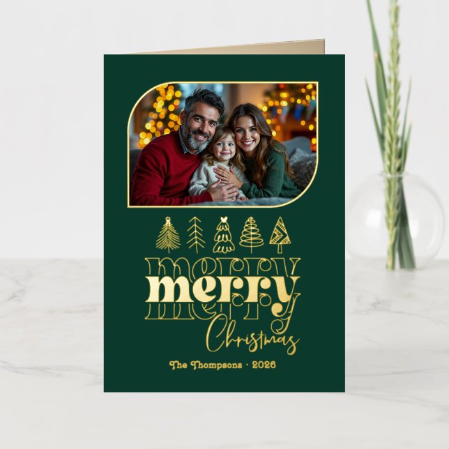 Nature Luxe Hand Drawn Merry Christmas Photo Foil Holiday Card (Front)
