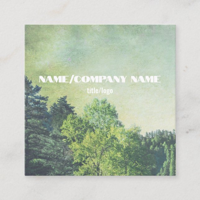 nature mountain pine trees distressed green custom square business card (Front)