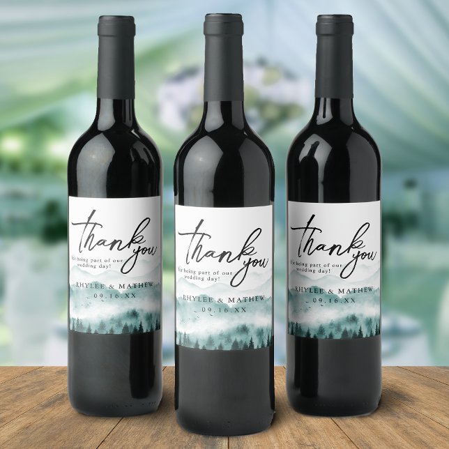 Nature Mountain Pine Trees Thank You Wine Label (Nature Mountain Pine Trees Thank You Wine Label)