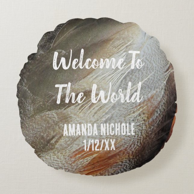 Nature Nursery Bird Feather Photo Gender Neutral Round Cushion (Front)