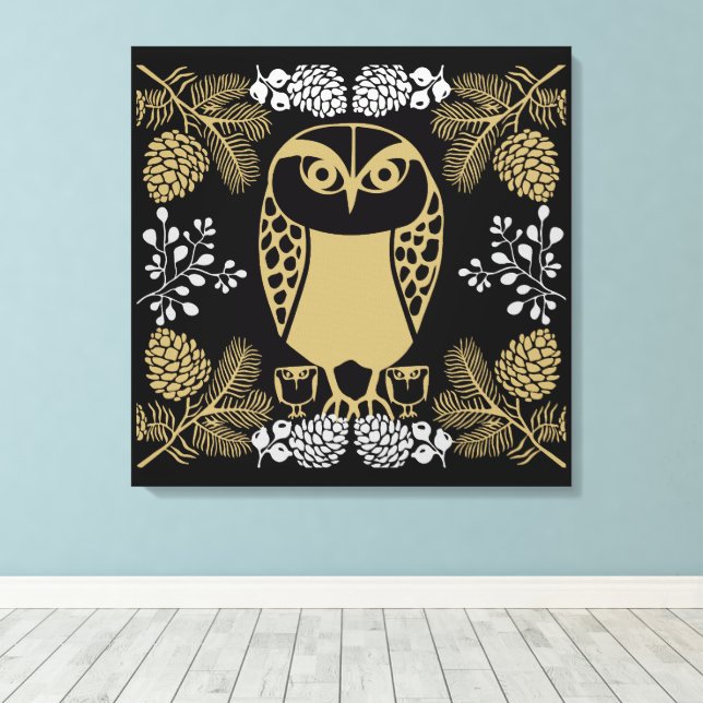 Nature Owl Folk Art Canvas Print (Insitu(Wood Floor))