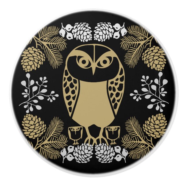Nature Owl Folk Art Ceramic Knob (Front)