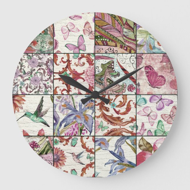Nature Patchwork: Chic Seamless Background Large Clock (Front)