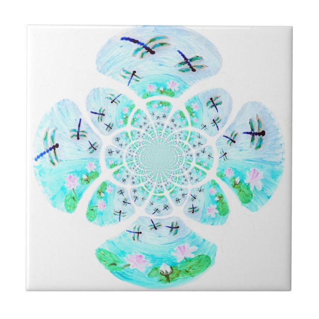 Nature Patterned Dragonfly Waterlily Pond Tile (Front)