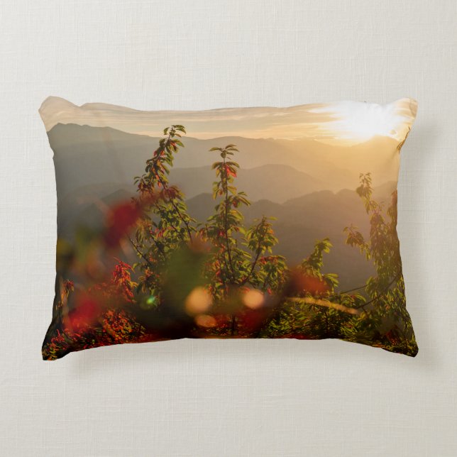 NATURE PHOTOGRAPHY OF GREEN TREES OVERLOOKING MOUN DECORATIVE CUSHION (Front)